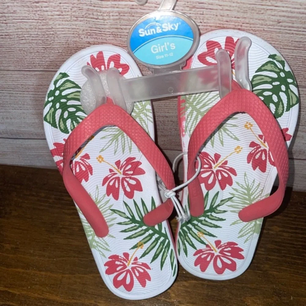 Sun & Sky floral thong sandal/flip flops Hawaiian floral pink green Medium 11-12